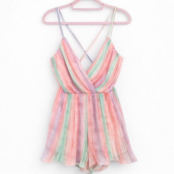 Luxxel Pants - Luxxel Multicolor Striped Pastel wrap Flowy Festival Romper Chiffon Pleated